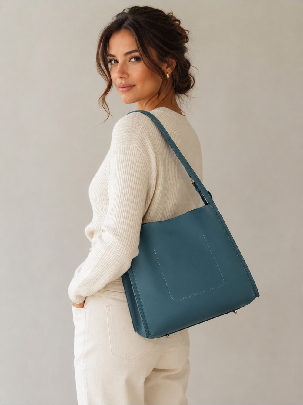 Teal Leather Shoulder Tote Bag - Sleek Everyday Carry Double Straps ~ LULIO NY
